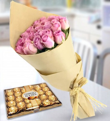 Bunch of 20 Pink Roses and 24 pcs Ferrero Rocher Eternal Delight